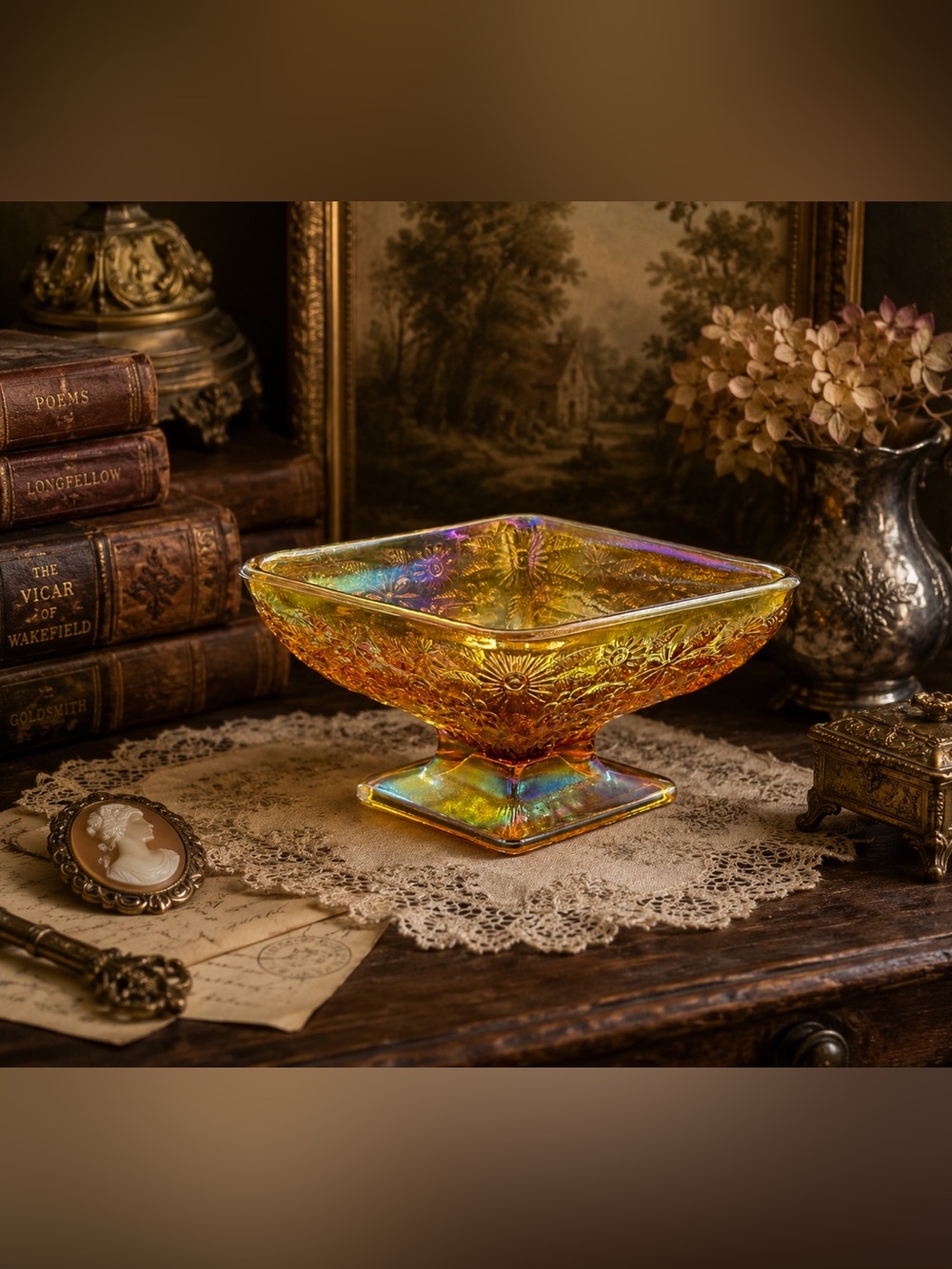 Vintage Indiana Glass Amber Carnival Glass Pedestal Candy Snack Dish Compote